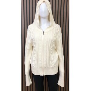 SONOMA Women's Cardigan 100%Cream Cable Knit Bobble Hooded Zip XL Sweater Knit